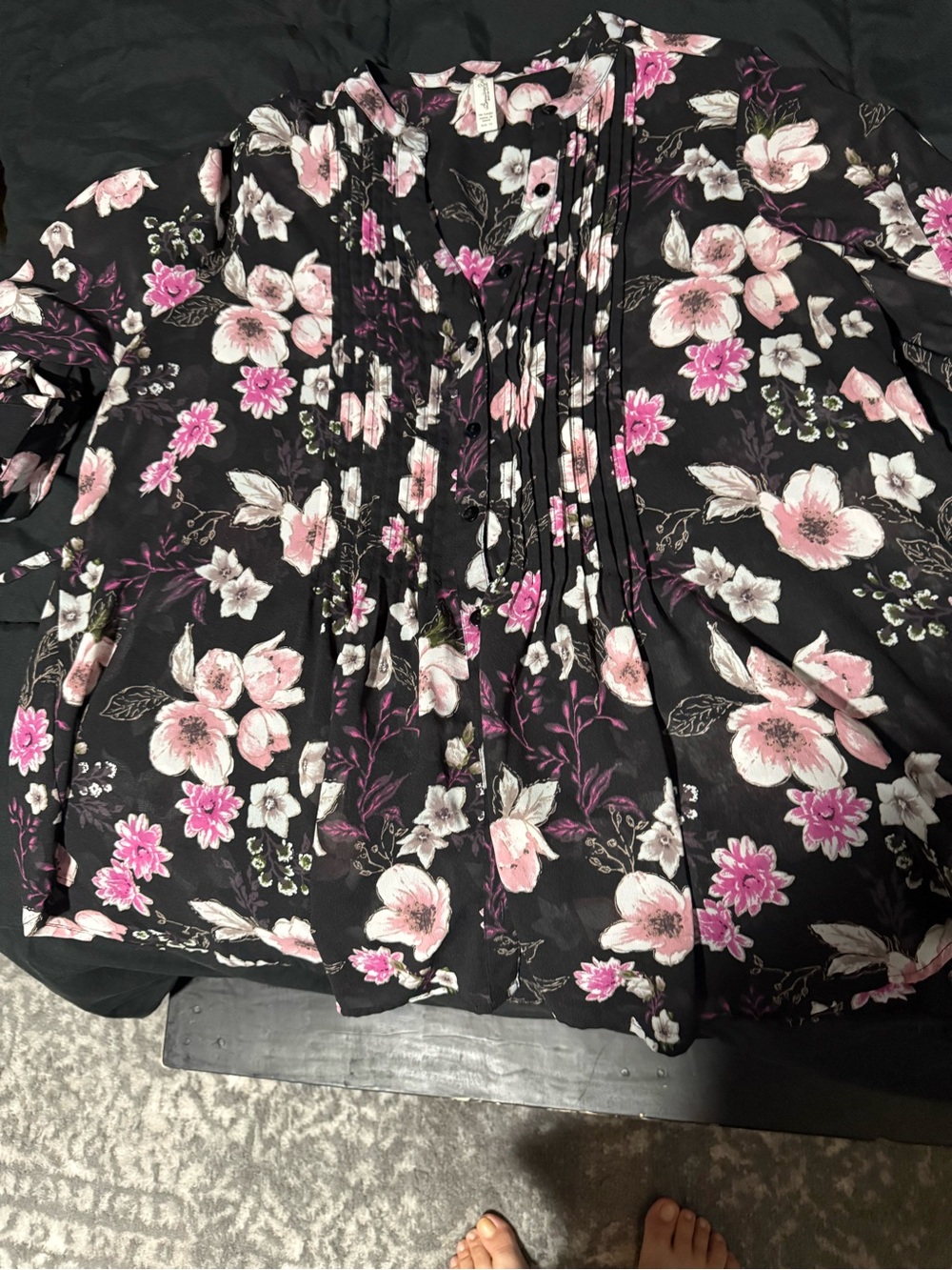 American Rag Black Floral Button-Down Shirt with Pink and Cream Flowers
